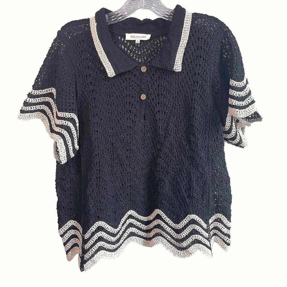 Black & Cream Crochet Solitaire Short Sleeve Collared Top Size L Preppy